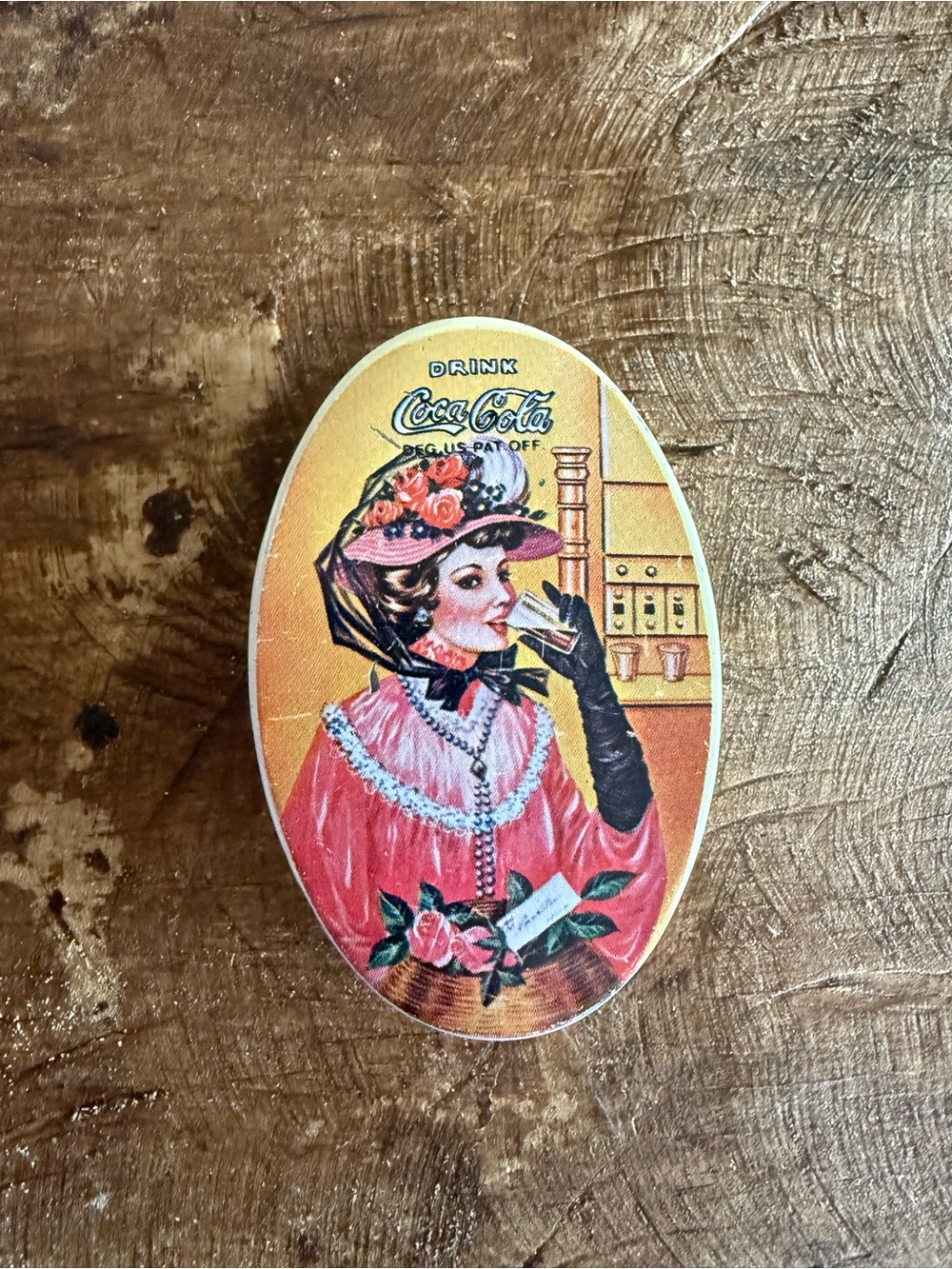 Coca-Cola Lady Oval Tin Pin — Pink and Gold Accents